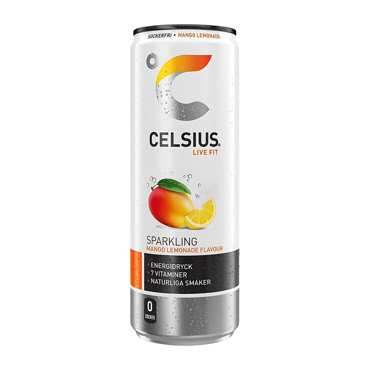 Celsius 355 ml energidryck i en vit burk med motiv av mango och citron för smaken Mango Lemonade., bild 4 av 10