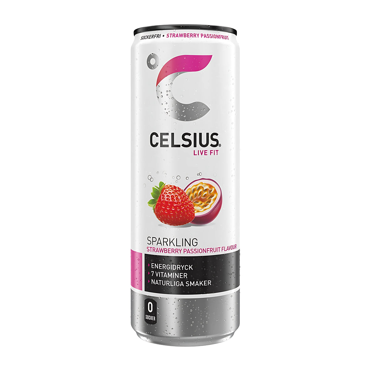 Celsius 355 ml i en vit och silverfärgad burk med rosa detaljer och motiv av jordgubbe och passionsfrukt för smaken Strawberry Passionfruit., bild 3 av 10