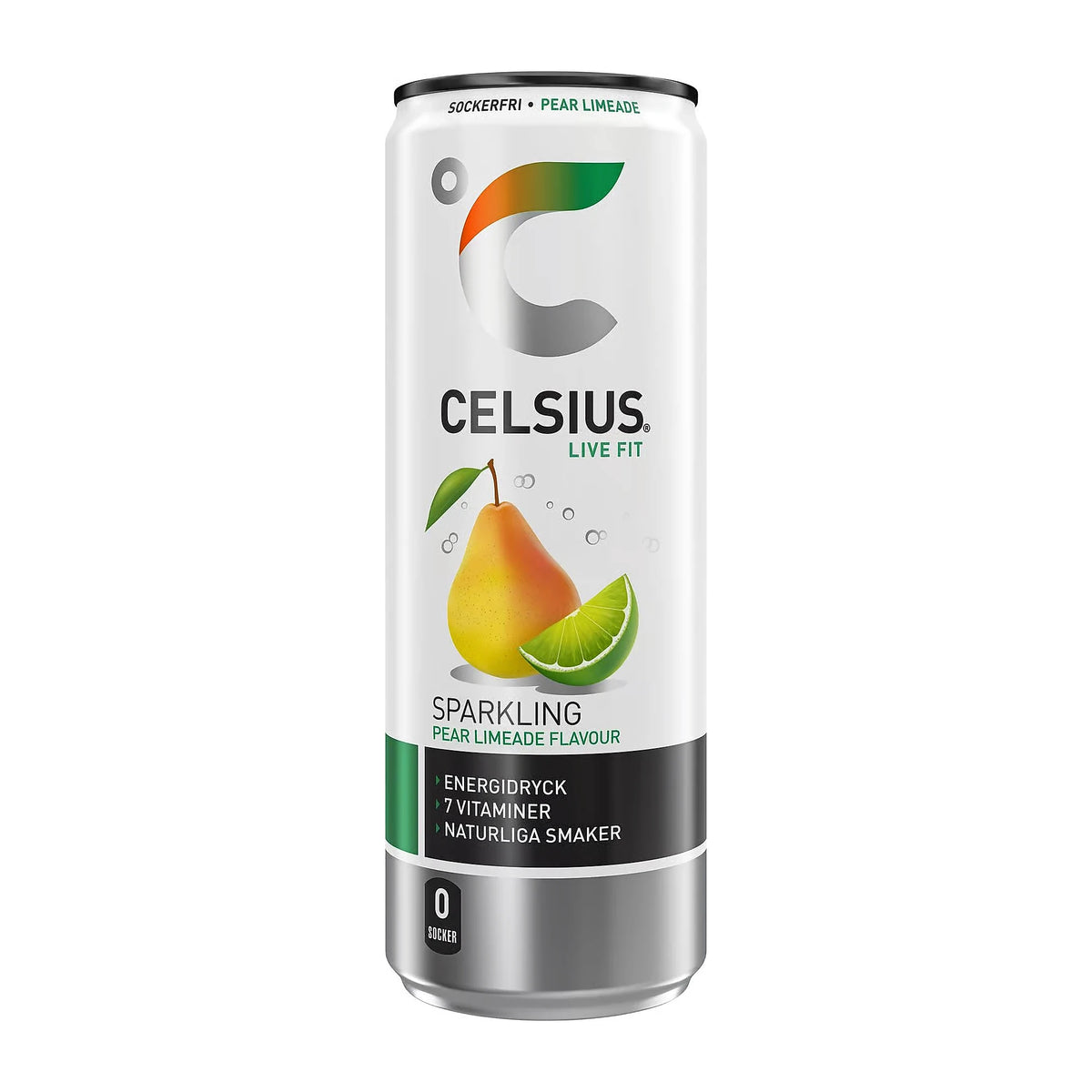 Celsius 355 ml sockerfri energidryck i en vit burk med motiv av päron och lime för smaken Pear Limeade., bild 2 av 10