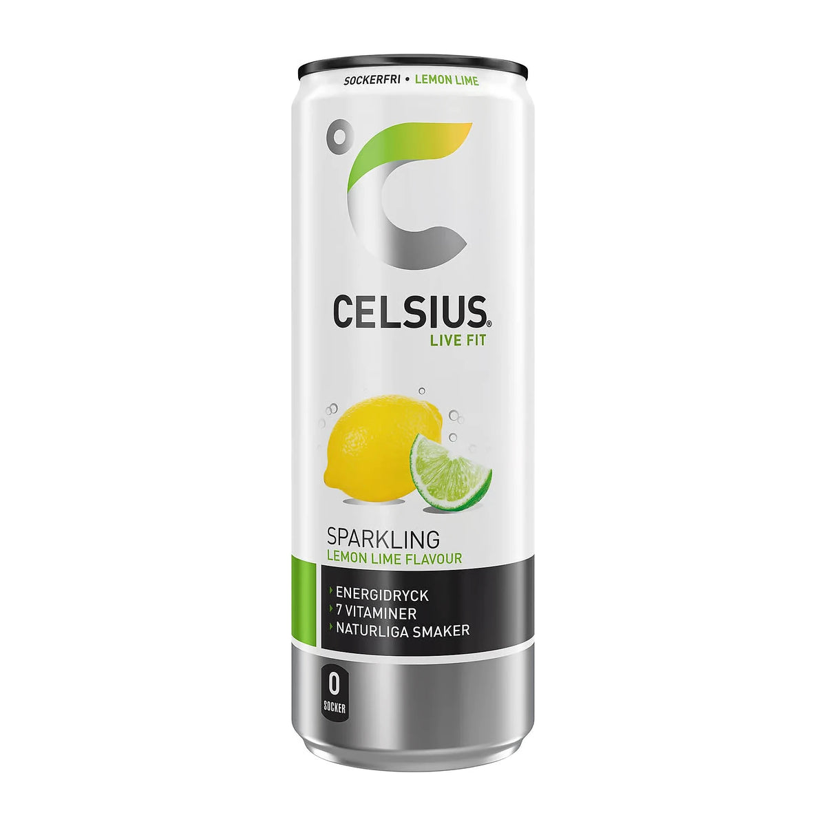Celsius 355 ml energidryck i en vit burk med gröna och gula detaljer för smaken Lemon Lime.