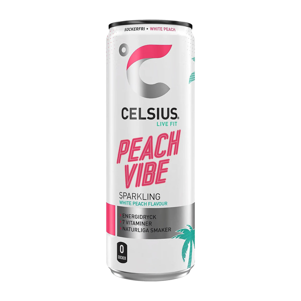 Celsius 355 ml energidryck i en vit burk med rosa och turkosa detaljer för smaken Peach Vibe., bild 8 av 10