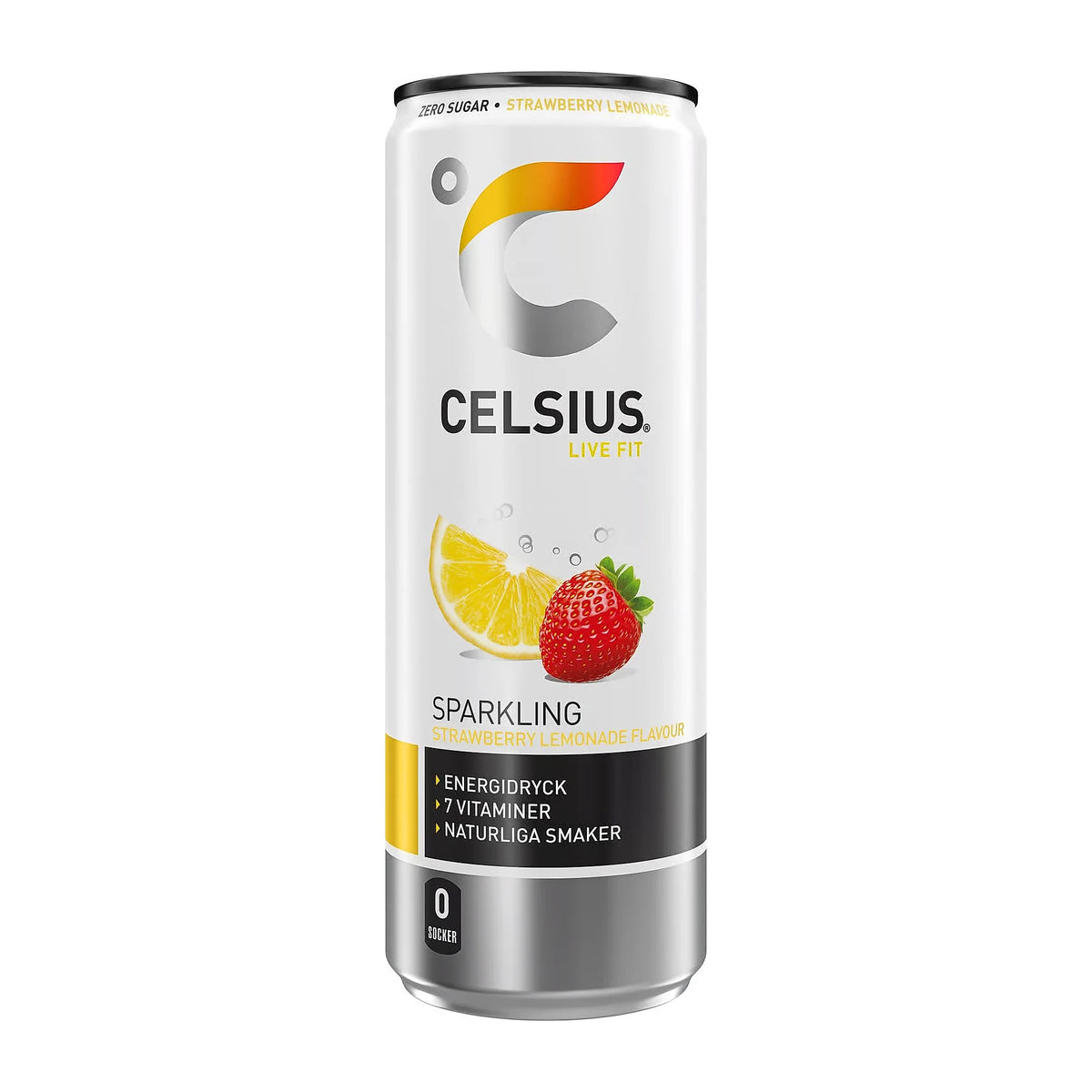 Celsius 355 ml energidryck i en vit burk med motiv av citron och jordgubbe för smaken Strawberry Lemonade., bild 5 av 10