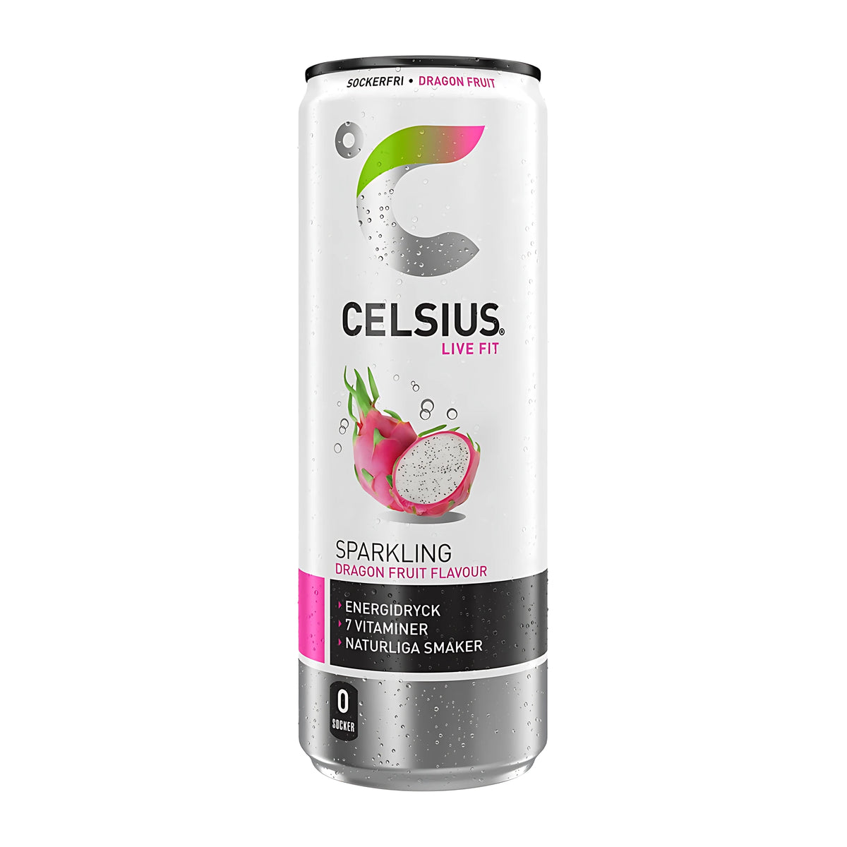 Celsius 355 ml energidryck i en vit och silverfärgad burk med rosa detaljer för smaken Dragon Fruit., bild 7 av 10