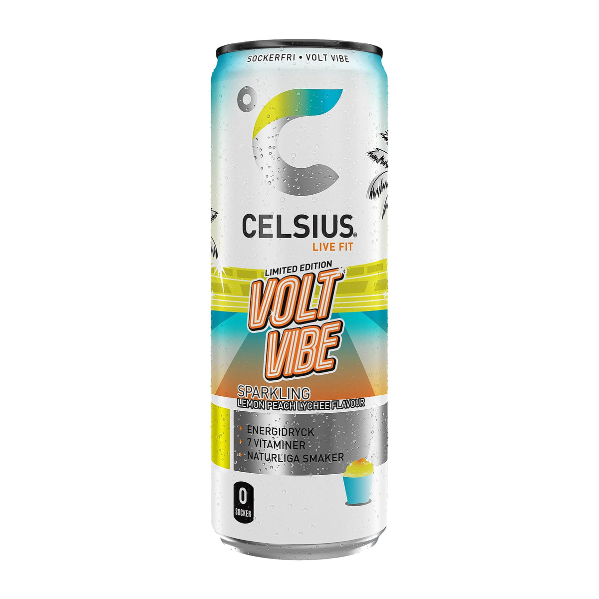 Celsius 355 ml energidryck i en vit burk med färgglada detaljer för smaken Volt Vibe., bild 9 av 10