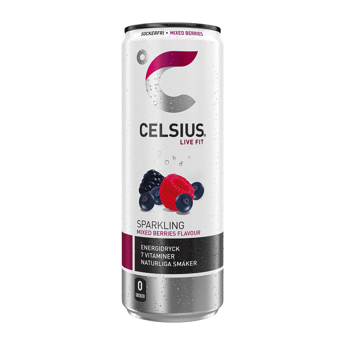 Celsius 355 ml sockerfri energidryck i en vit och silverfärgad burk med bärmotiv för smaken Mixed Berries., bild 6 av 10