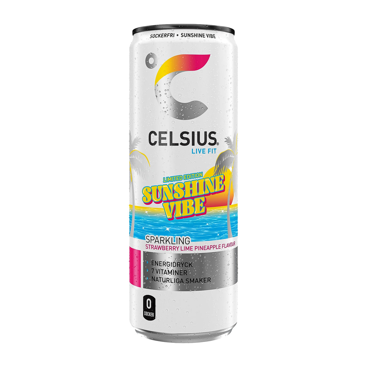 Celsius 355 ml energidryck i smaken Sunshine Vibe i en vit burk med färgglatt strand- och solnedgångsmotiv., bild 10 av 10