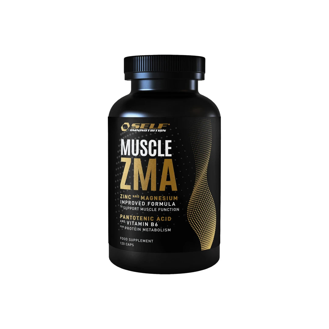 Svart plastburk med guldiga och vita detaljer av kosttillskottet Self Omninutrition Muscle ZMA 120 caps., bild 1 av 1