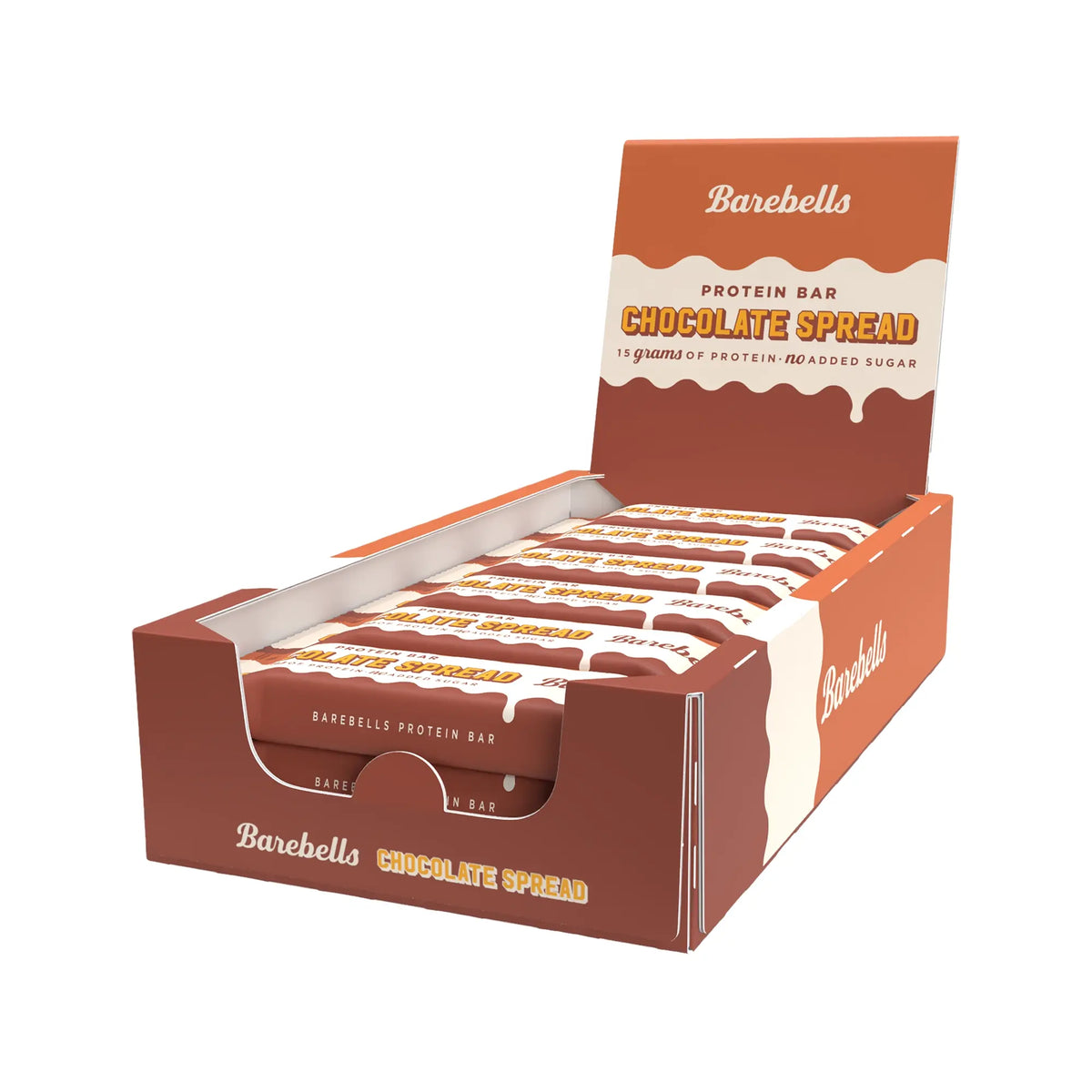 Barebells Protein Bar Spread 45 g Chocolate Spread i en brun och orange displaykartong med 12 proteinbarer., bild 1 av 1