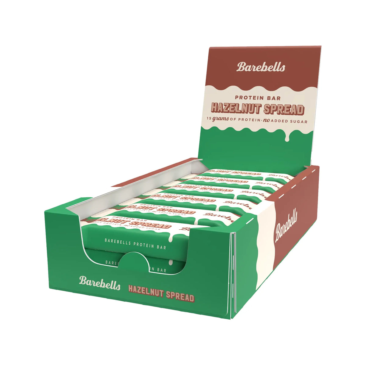 12 x Barebells Protein Bar Spread 45 g Hazelnut Spread i en grön och brun displaykartong., bild 1 av 1