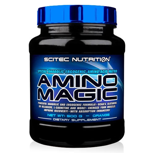 Scitec Nutrition Amino Magic 500 g aminosyrakomplex i en svart burk med blått lock för smaken Apelsin., bild 2 av 2