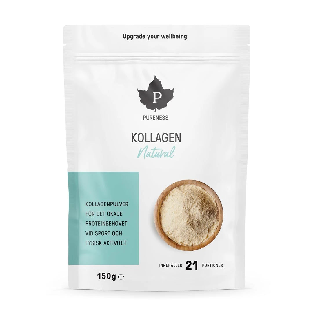 Pureness Kollagen Natural 150 g är ett kollagenpulver med neutral smak i en vit påse med ljusblå detaljer., bild 1 av 1