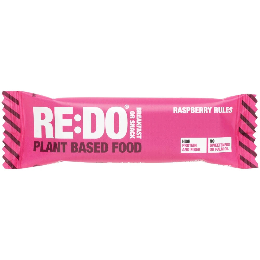 REDO Bar 60 g vegansk proteinbar i en rosa förpackning för smaken Raspberry Rules., bild 2 av 4