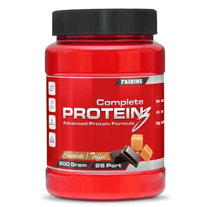 Fairing Complete Protein III 900 g proteinpulver i en röd burk med svart lock och smak av Chocolate Toffee., bild 1 av 3