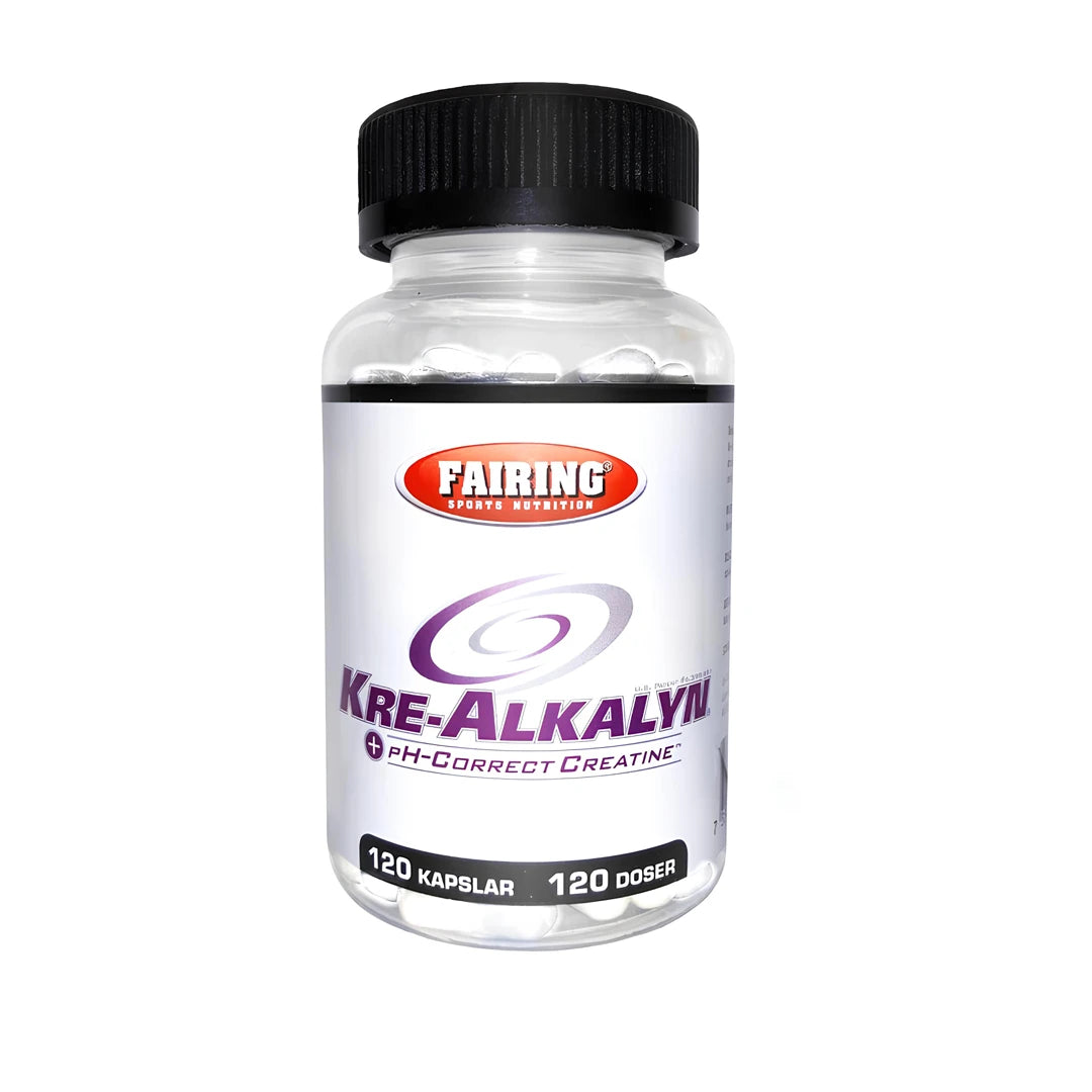 Fairing Kre-Alkalyn 120 caps är ett kreatintillskott i form av vita kapslar i en transparent burk med svart lock och vit etikett med lila detaljer., bild 1 av 1