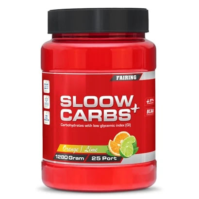 Röd burk med svart lock av kolhydratpulvret Fairing Sloow Carbs + 1.2 kg med apelsin- och limesmak., bild 1 av 2