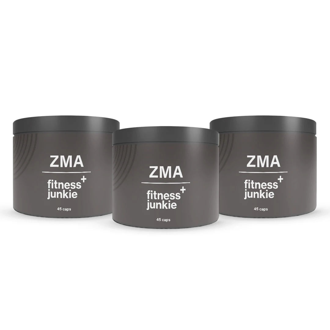 3 x fitnessjunkie ZMA 45 caps i tre mörkgrå burkar med vit text för optimerad sömn och återhämtning., bild 1 av 1