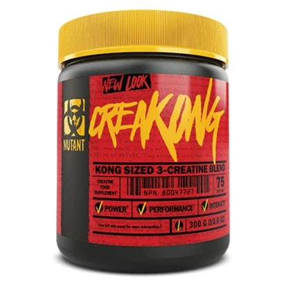 Svart burk med gult lock innehållande Mutant Creakong 300 g kreatinblandning, prydd med röd och gul etikett., bild 1 av 1