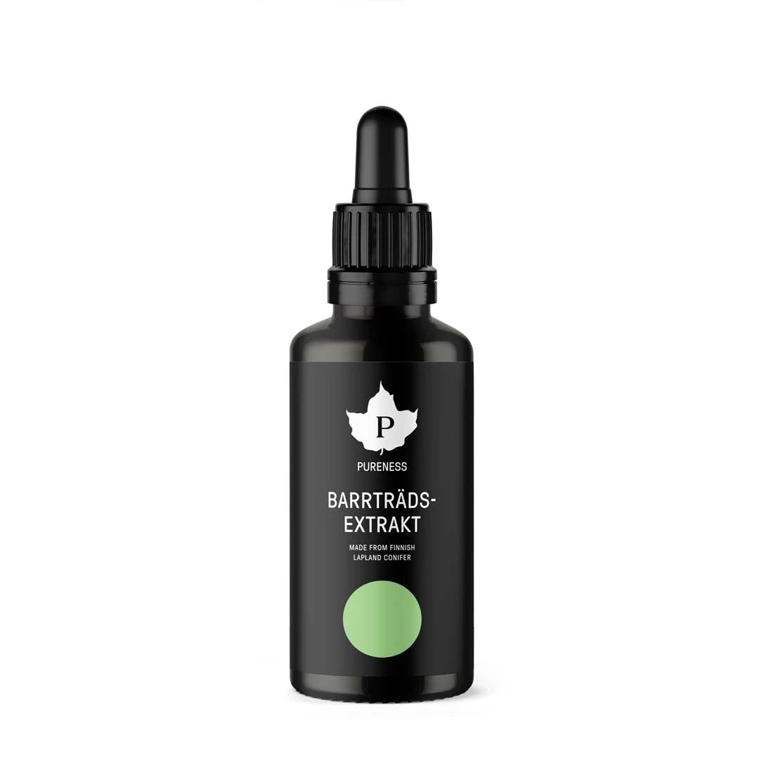 Pureness Barrträdsextrakt 50 ml förpackad i en mörk glasflaska med pipett, svart etikett och en ljusgrön cirkel., bild 1 av 1