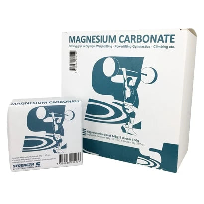 Strength Sport Nutrition Magnesium Carbonate 60 g i en vit pappersförpackning med en blå illustration av en tyngdlyftare., bild 1 av 1