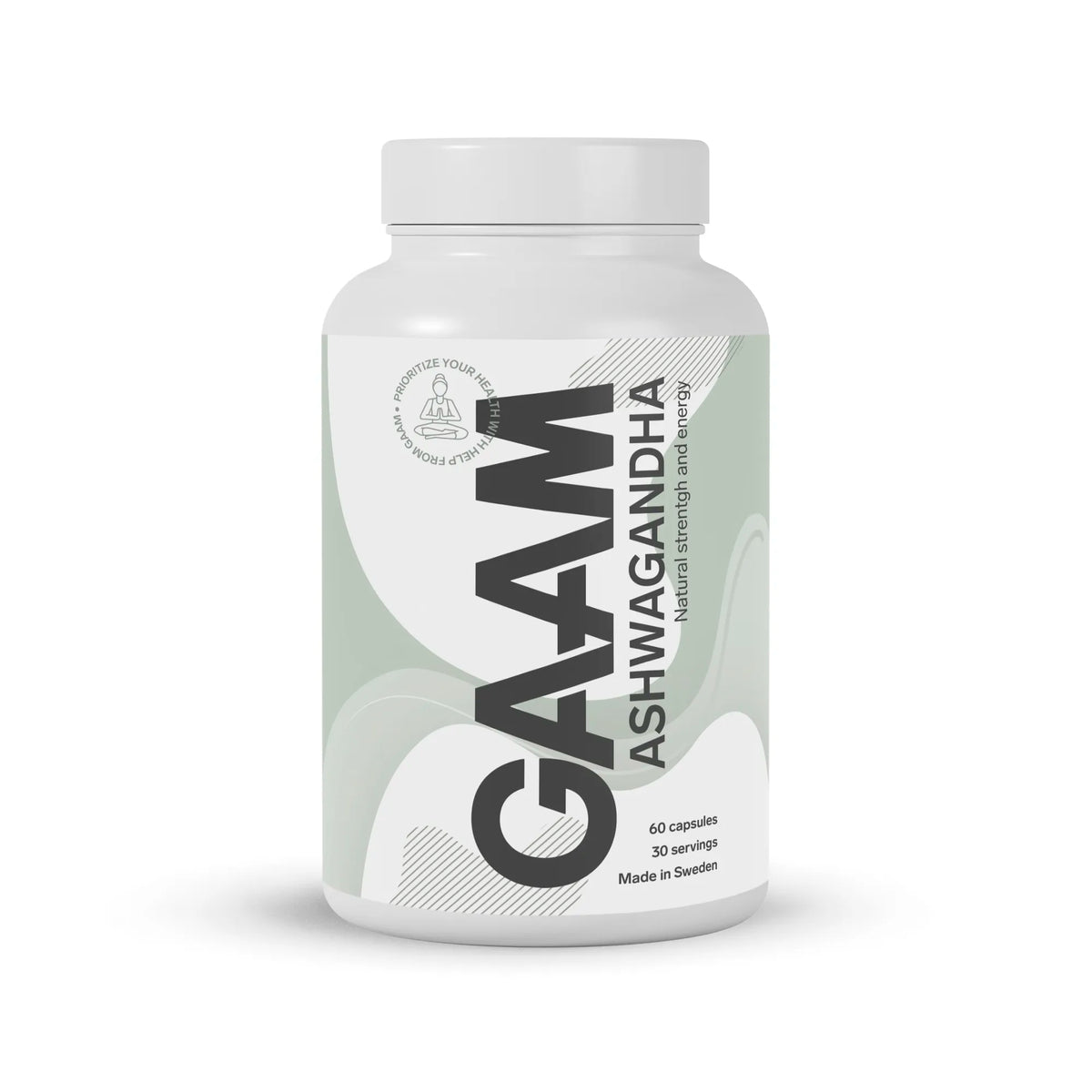GAAM Ashwagandha 60 caps kosttillskott i en vit burk med grön och vit etikett., bild 1 av 1