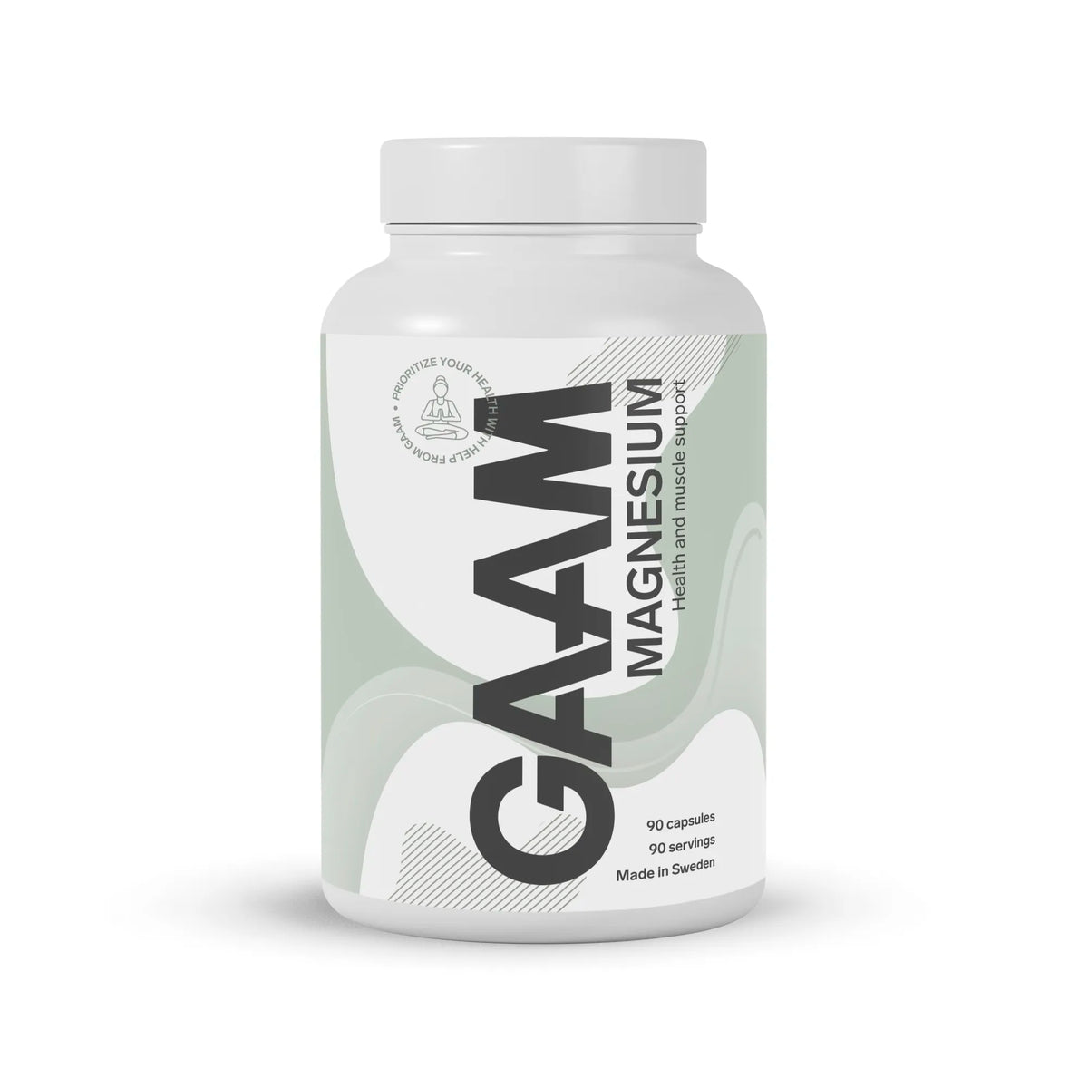 GAAM Magnesium 90 caps i en vit burk med ljusgröna och vita grafiska detaljer på etiketten., bild 1 av 1
