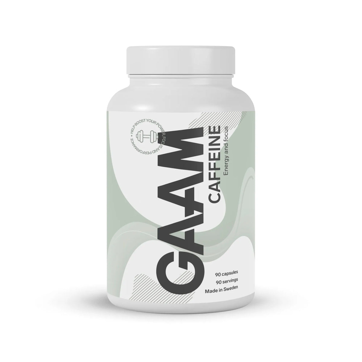 En vit burk med GAAM Caffeine 90 tabs koffeintabletter, prydd med gråa och gröna grafiska detaljer.