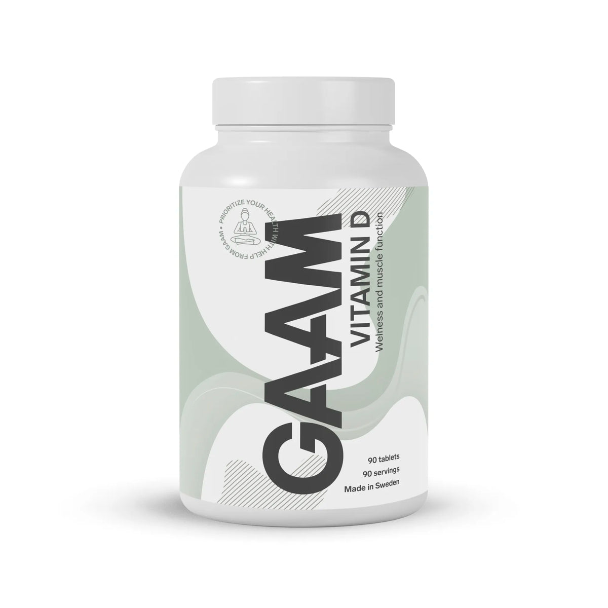 GAAM Vitamin-D 90 tabs kosttillskott i en vit burk med ljusgröna detaljer., bild 1 av 1