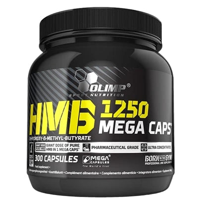 Olimp HMB Mega caps 300 caps kosttillskott förpackad i en svart burk med gul och vit text., bild 1 av 1