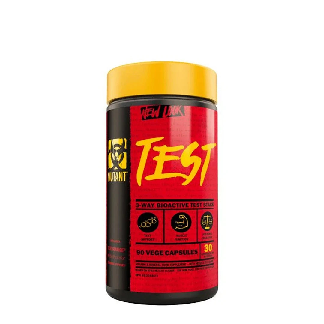 Mutant Nutrition Test 90 caps testosteronhöjare i en röd och svart burk med gult lock., bild 1 av 1