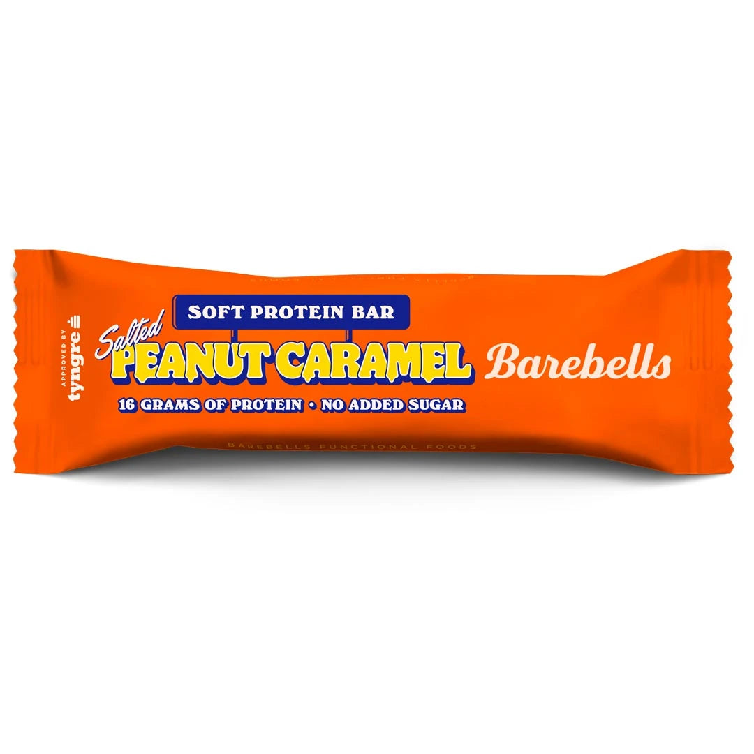 Barebells Soft protein bar 55 g i en orange förpackning med blå text för smaken Salted Peanut Caramel., bild 5 av 21