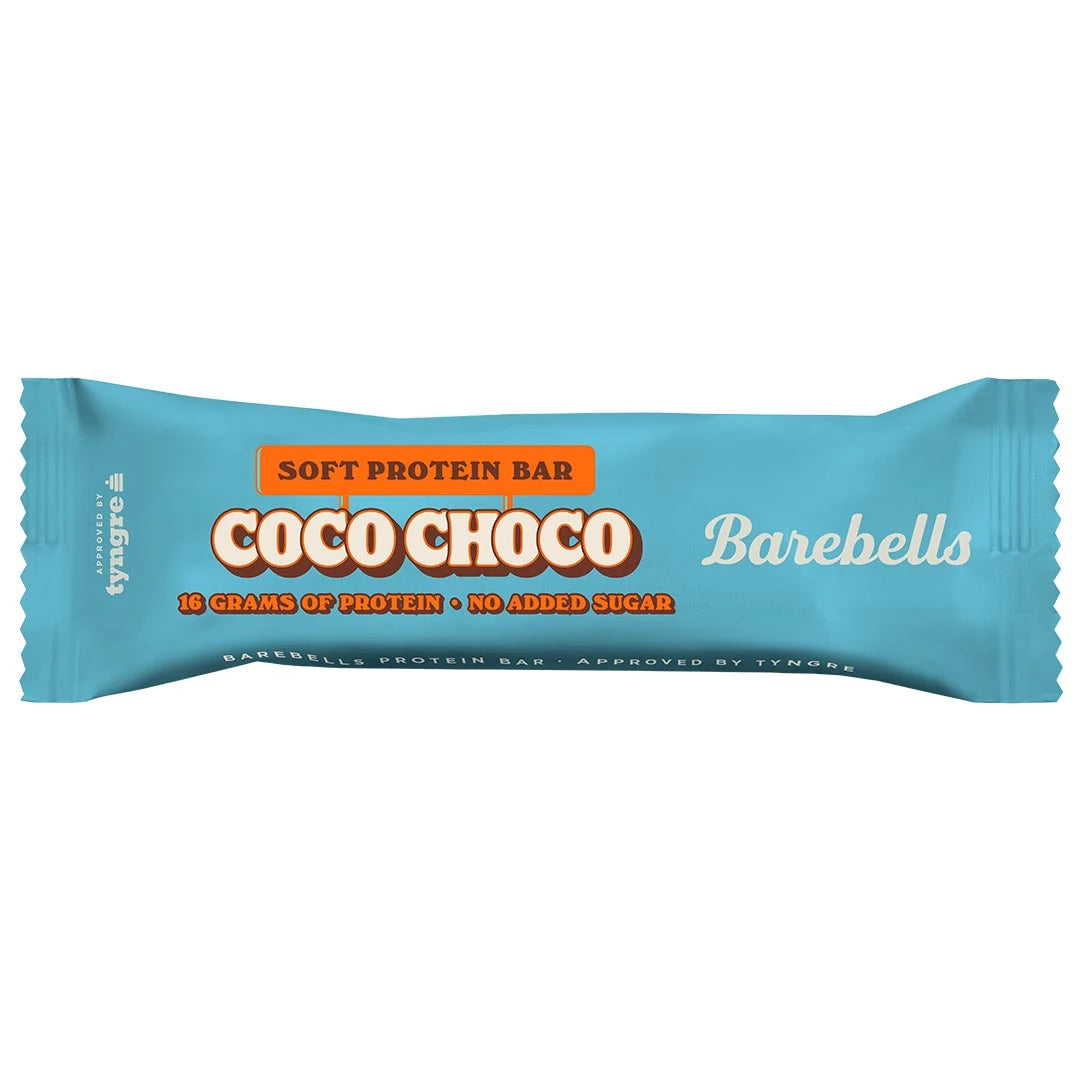 Barebells Soft protein bar 55 g i en ljusblå förpackning med orange detaljer för smaken Coco Choco., bild 8 av 21