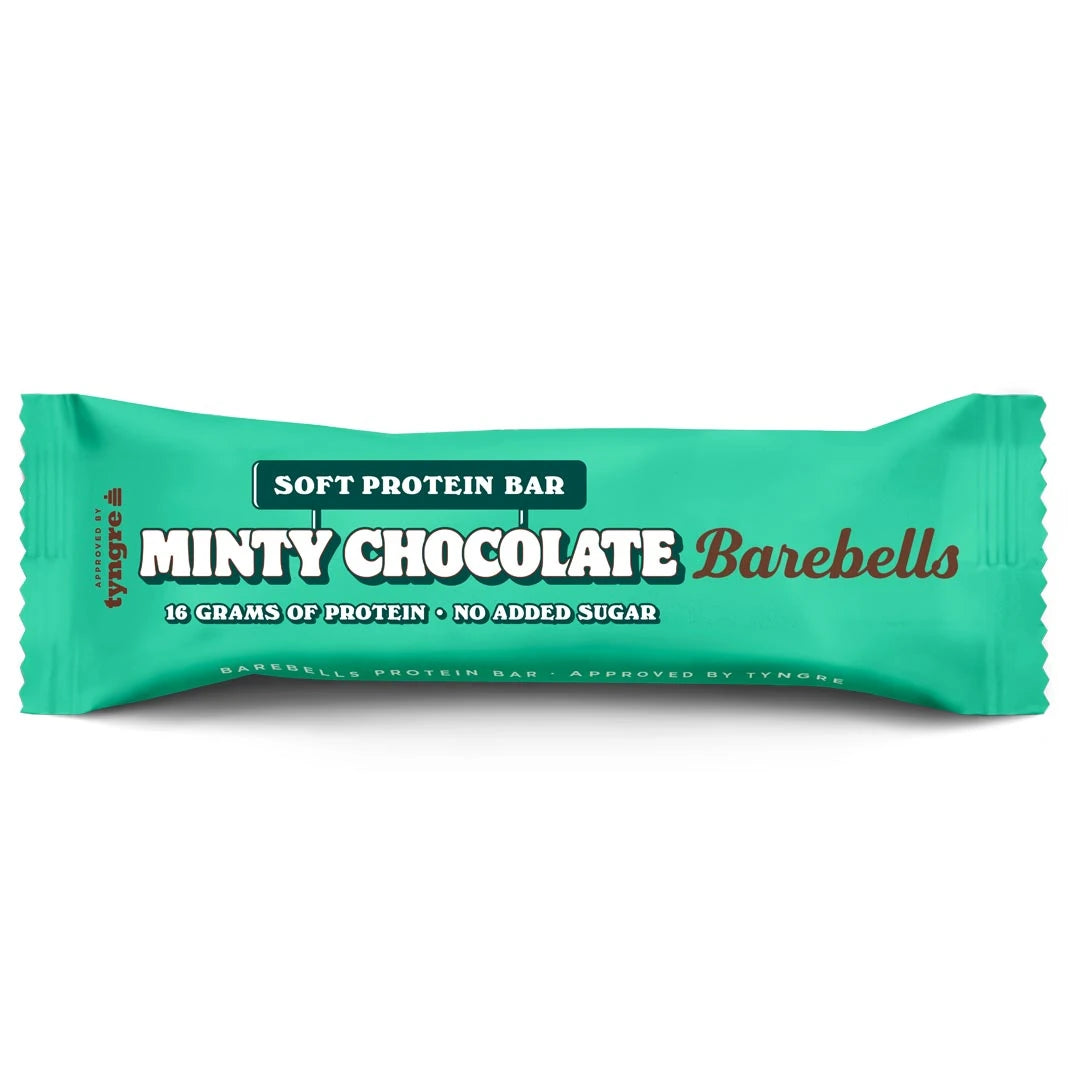 Barebells Soft protein bar 55 g i en turkos förpackning med smaken Minty Chocolate., bild 9 av 21