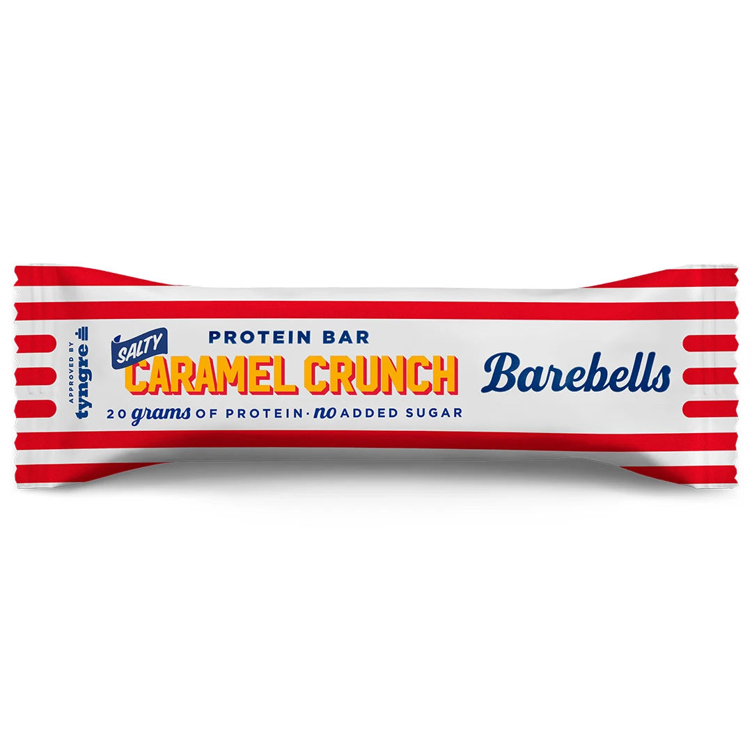 Barebells Soft protein bar 55 g i en vit förpackning med röda ränder för smaken Salty Caramel Crunch., bild 12 av 21