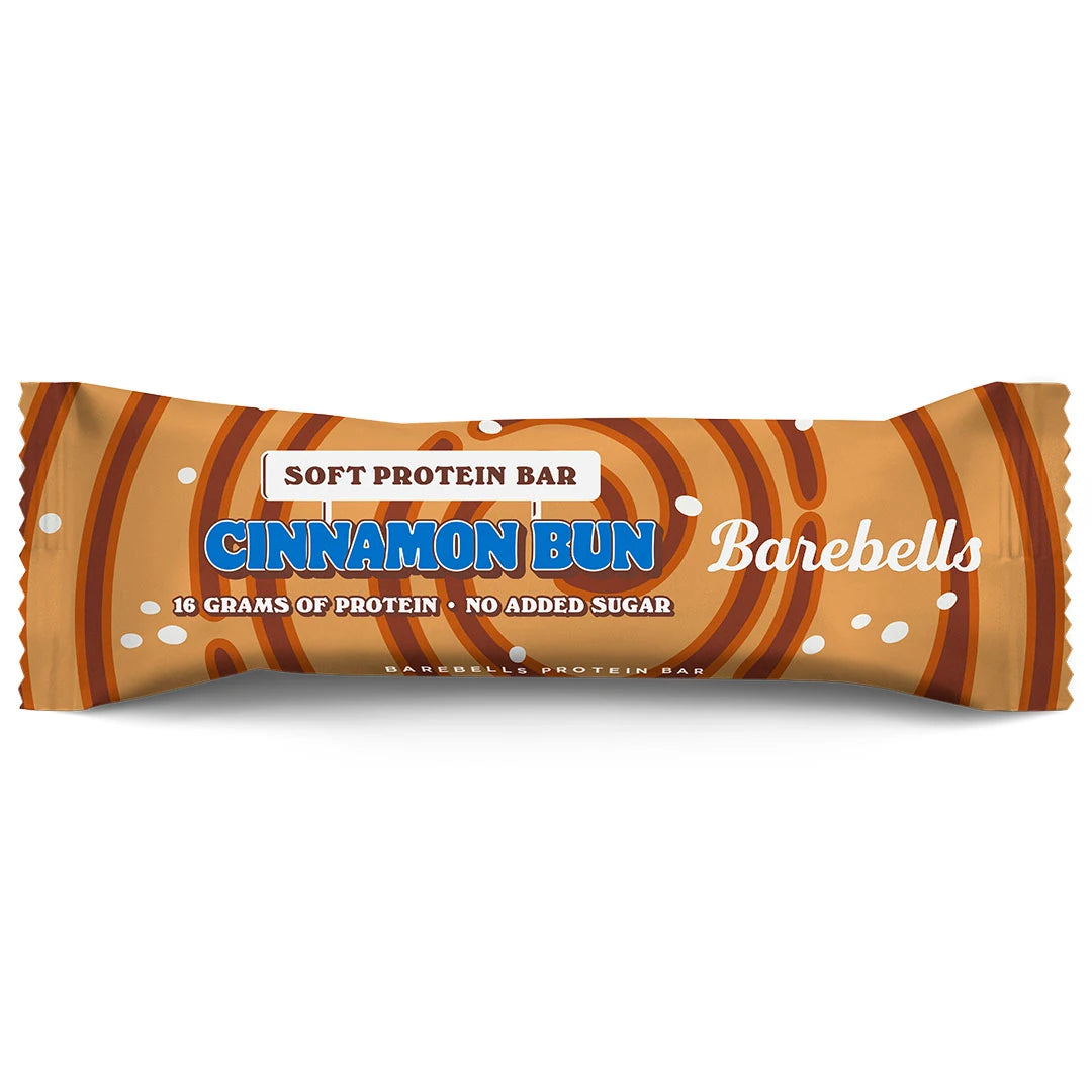 Barebells Soft protein bar 55 g i en brun förpackning med virvelmönster för smaken Cinnamon Bun., bild 16 av 21