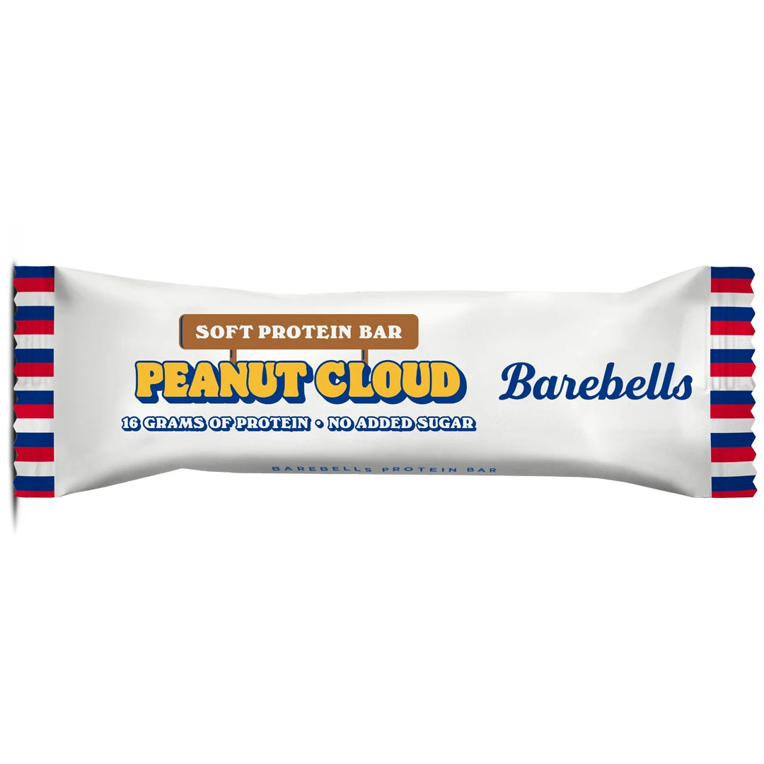 Barebells Soft protein bar 55 g i en vit förpackning med röd- och blårandiga kanter för smaken Peanut Cloud., bild 17 av 21