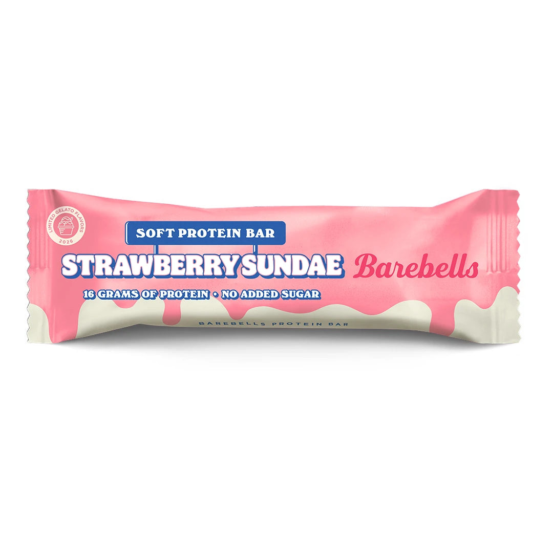 Barebells Soft protein bar 55 g i en rosa och vit förpackning för smaken Strawberry Sundae., bild 18 av 21