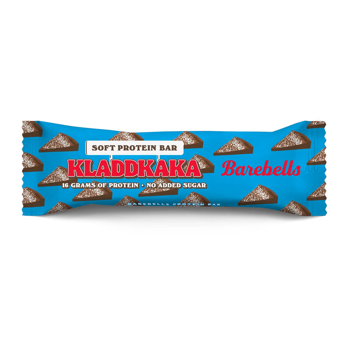 Barebells Soft Protein Bar 45 g i en blå förpackning med motiv av kladdkakebitar för smaken Kladdkaka., bild 4 av 4