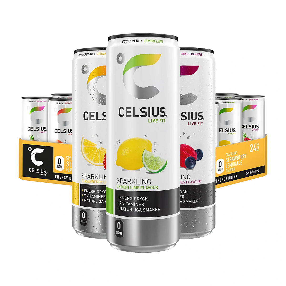24 x Celsius 355 ml Mixflak med vita energidrycksburkar i olika smaker uppställda vid ett gult flak.