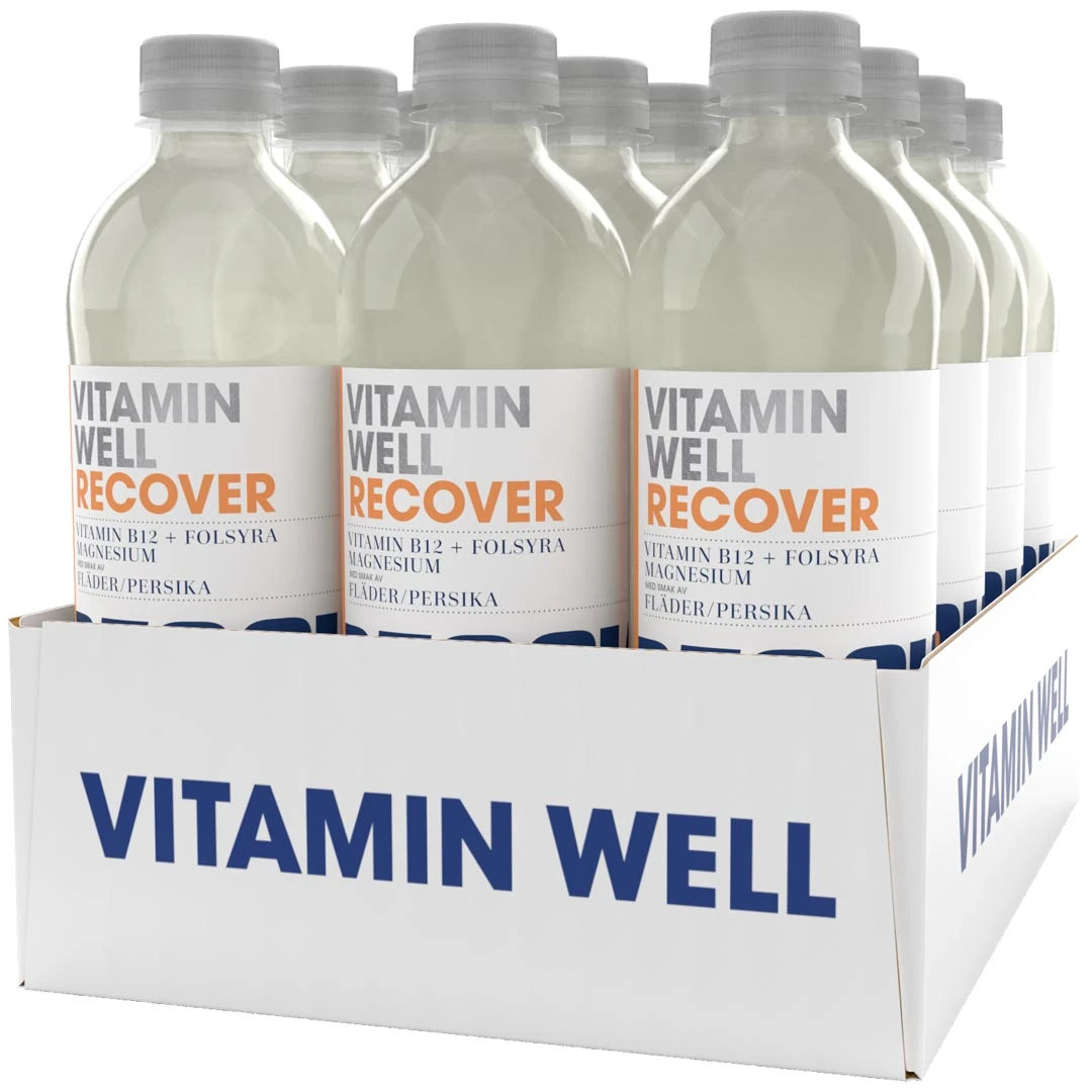 12 x Vitamin Well Recover 500 ml i smaken Fläder Persika, förpackade i ett vitt flak med mörkblå logotyp., bild 1 av 1