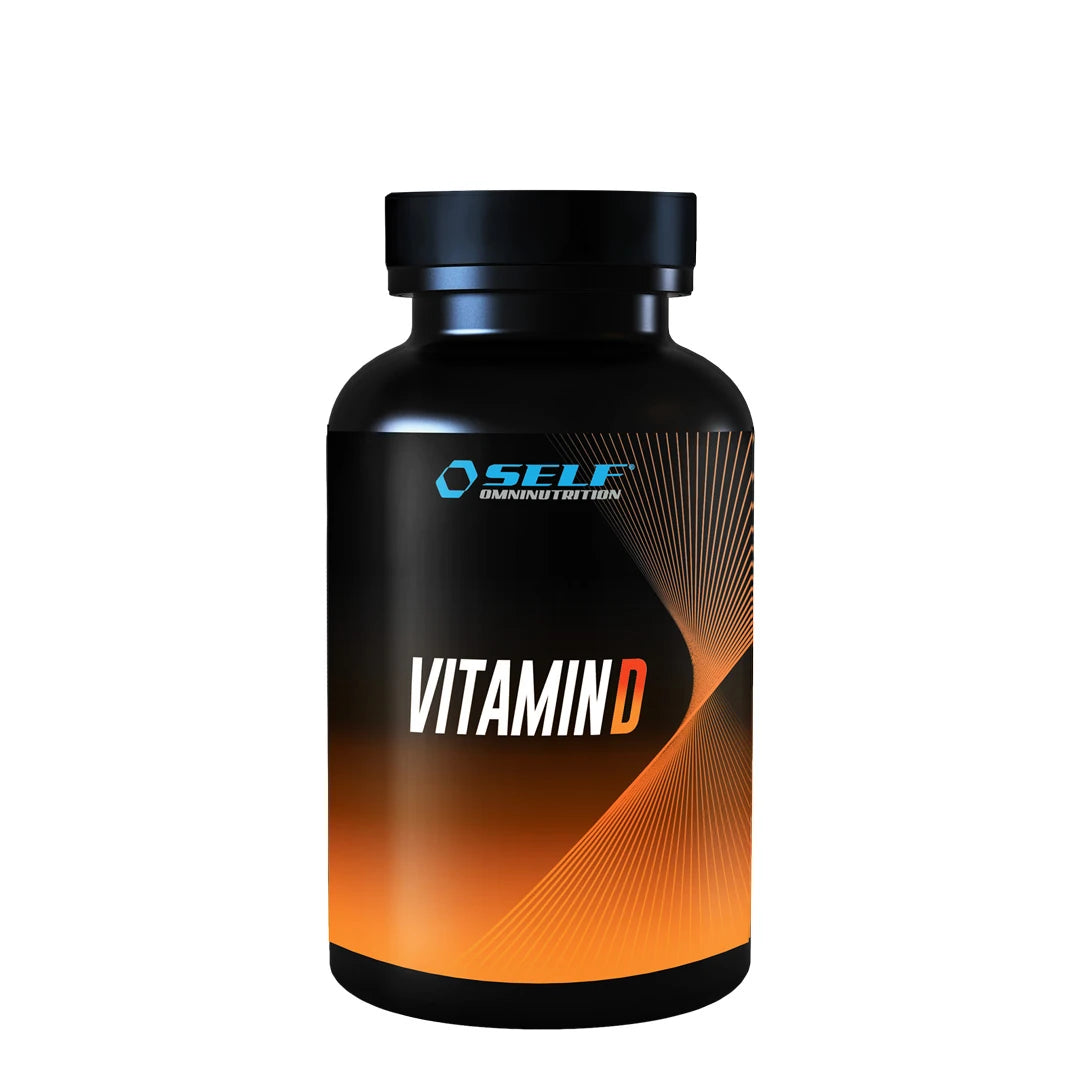 Self Omninutrition Vitamin D 100 caps i en svart plastburk med orange detaljer., bild 1 av 1