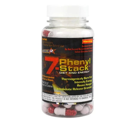 Stacker2 7-Phenyl Stack 100 caps fettförbrännare i en genomskinlig burk med svart etikett och rödgul text, innehållande röd-vita kapslar., bild 1 av 1