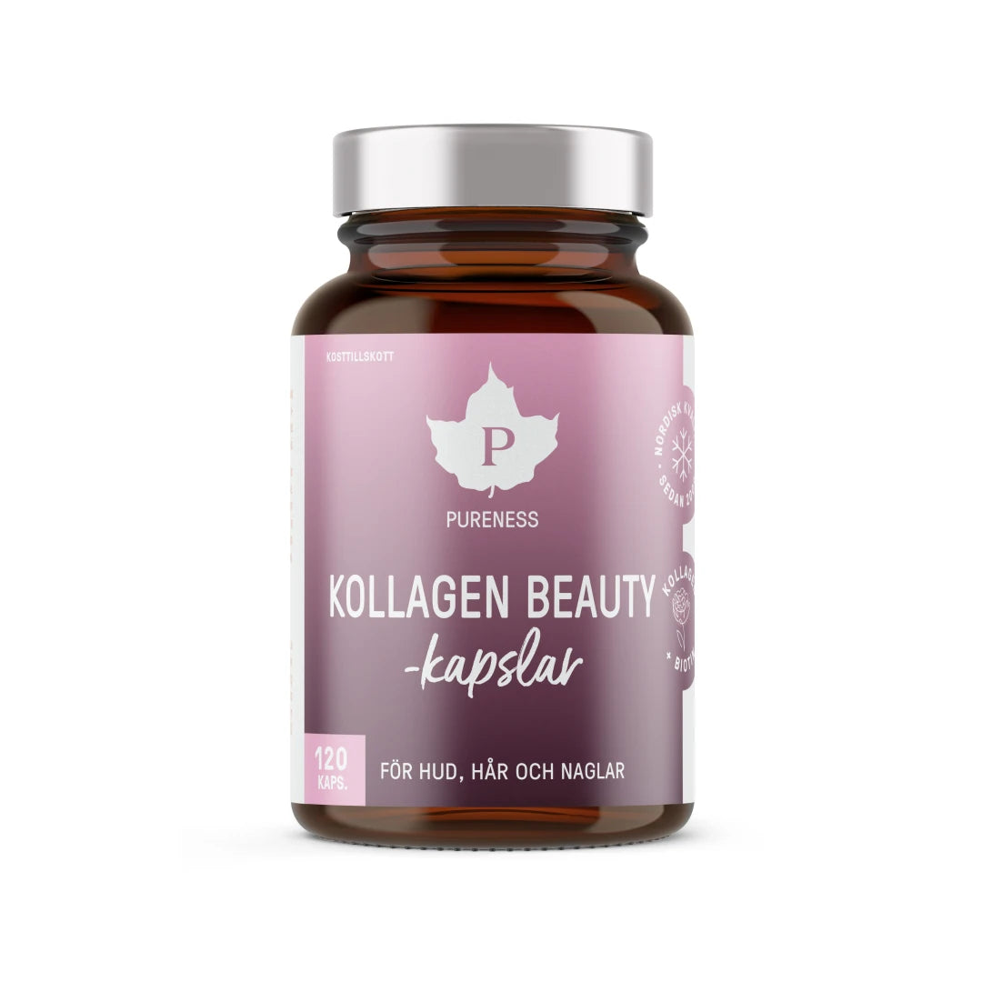Pureness Kollagen Beauty 120 caps i en mörkbrun burk med silverlock och rosa etikett., bild 1 av 1