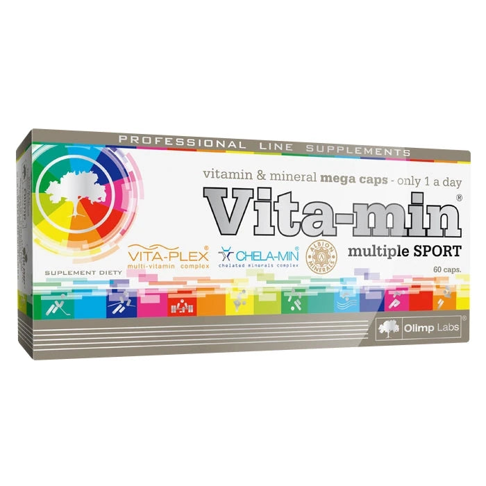 Olimp Vita-min Multiple Sport 60 caps, ett kosttillskott i en vit kartong med färgglada detaljer och text., bild 1 av 1