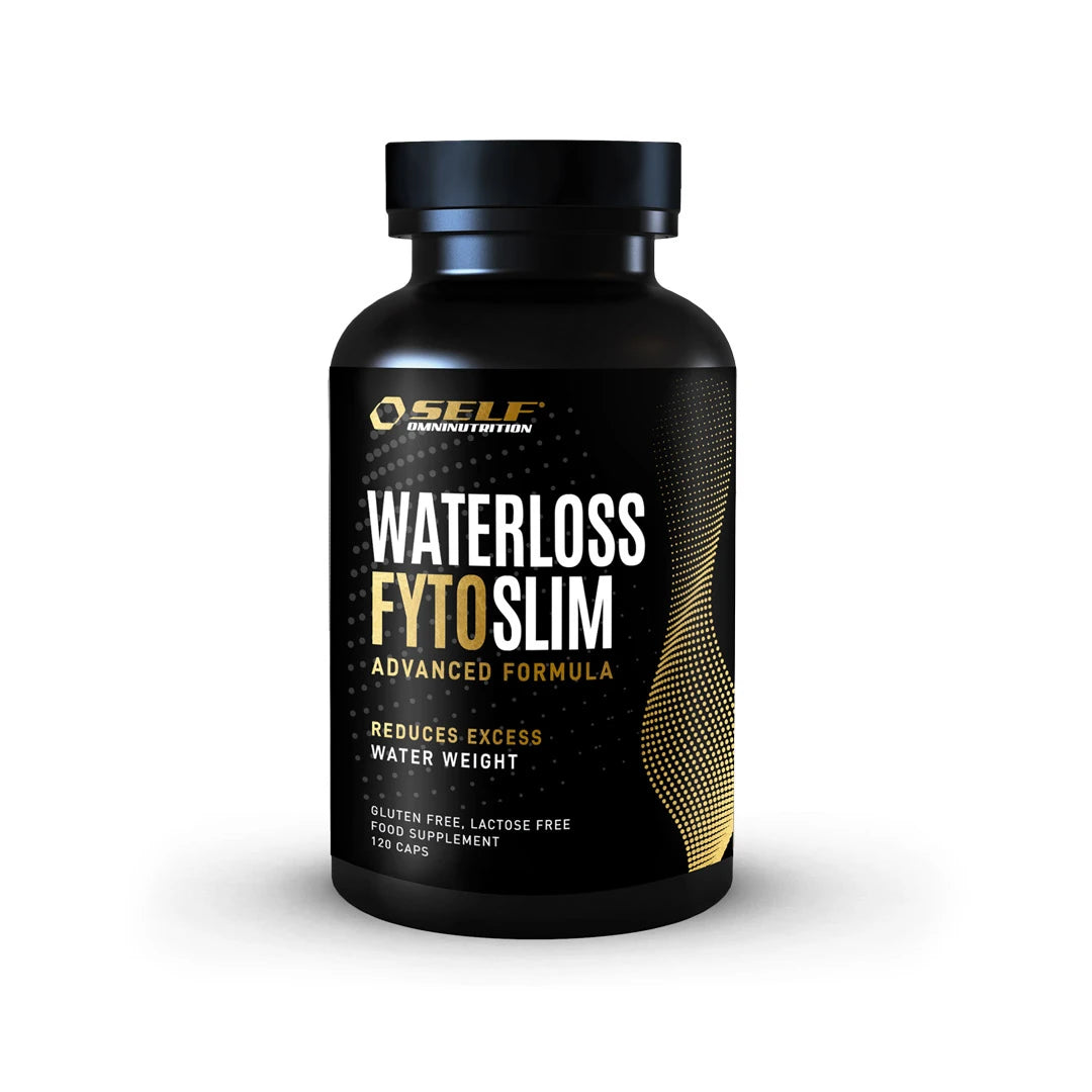 Self Omninutrition Waterloss 120 caps vätskedrivande kosttillskott i en svart burk med vita och guldiga detaljer., bild 1 av 1