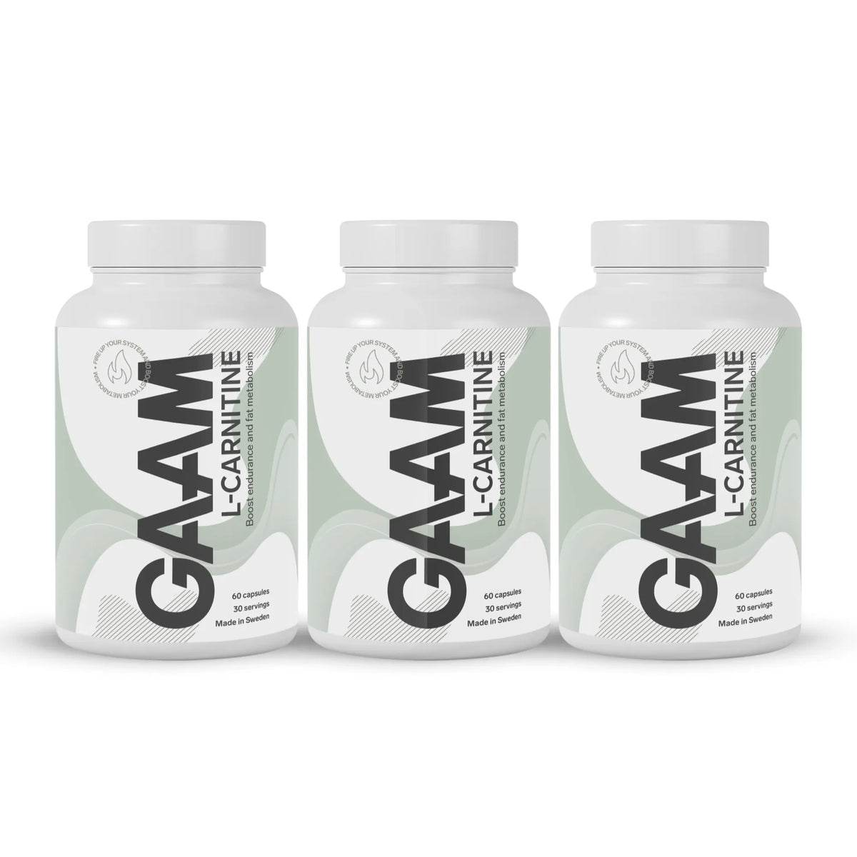 3 x GAAM L-Carnitine 60 caps i tre vita burkar med grågröna detaljer och svart text., bild 1 av 1