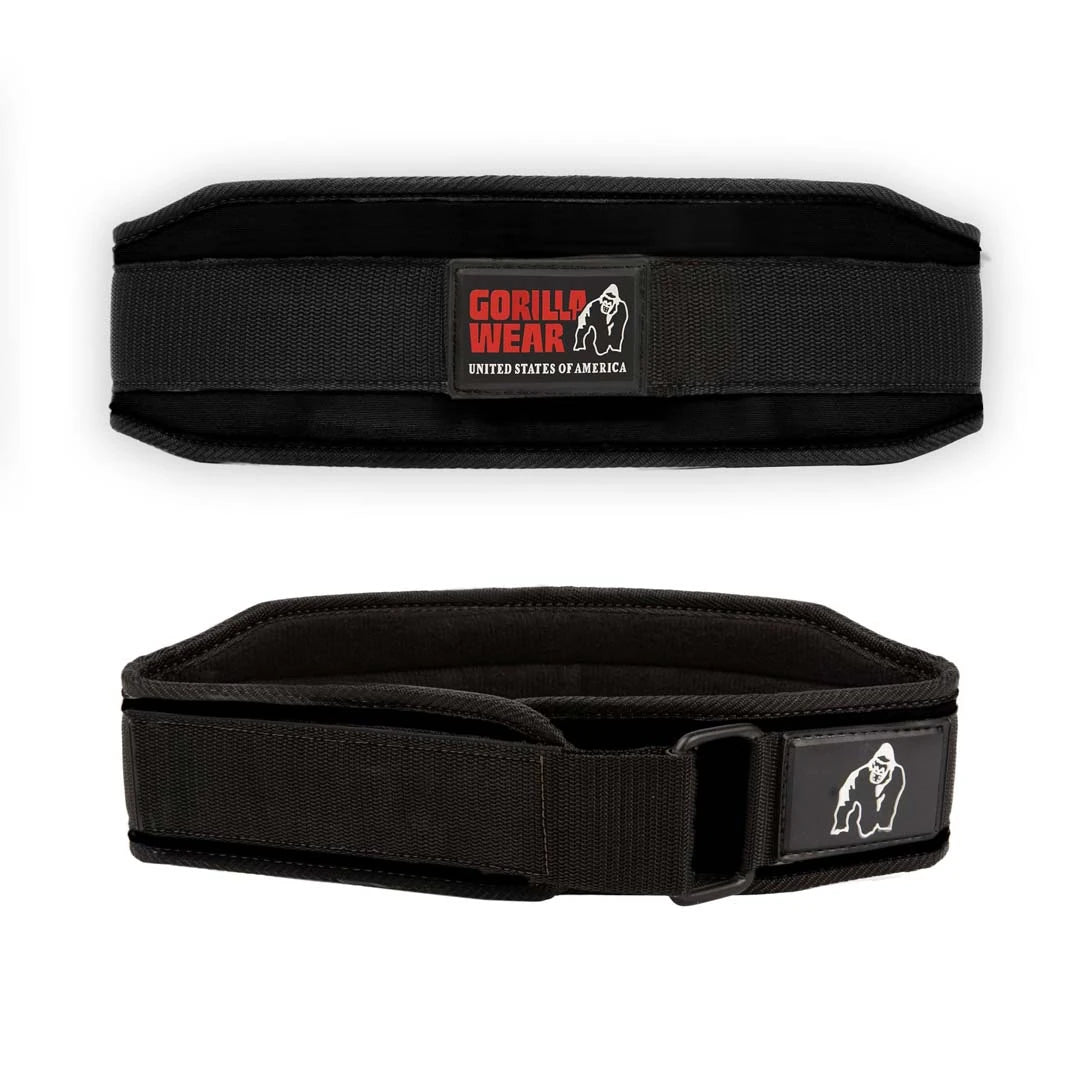 Gorilla Wear 4 Inch Women's Lifting Belt Black, ett svart träningsbälte i nylon med kardborrestängning och logotyp., bild 3 av 4