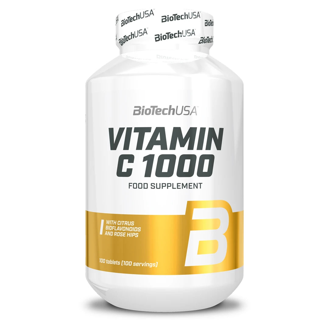 BioTechUSA Vitamin C 1000 100 tabs förpackad i en vit burk med guldiga detaljer., bild 1 av 1