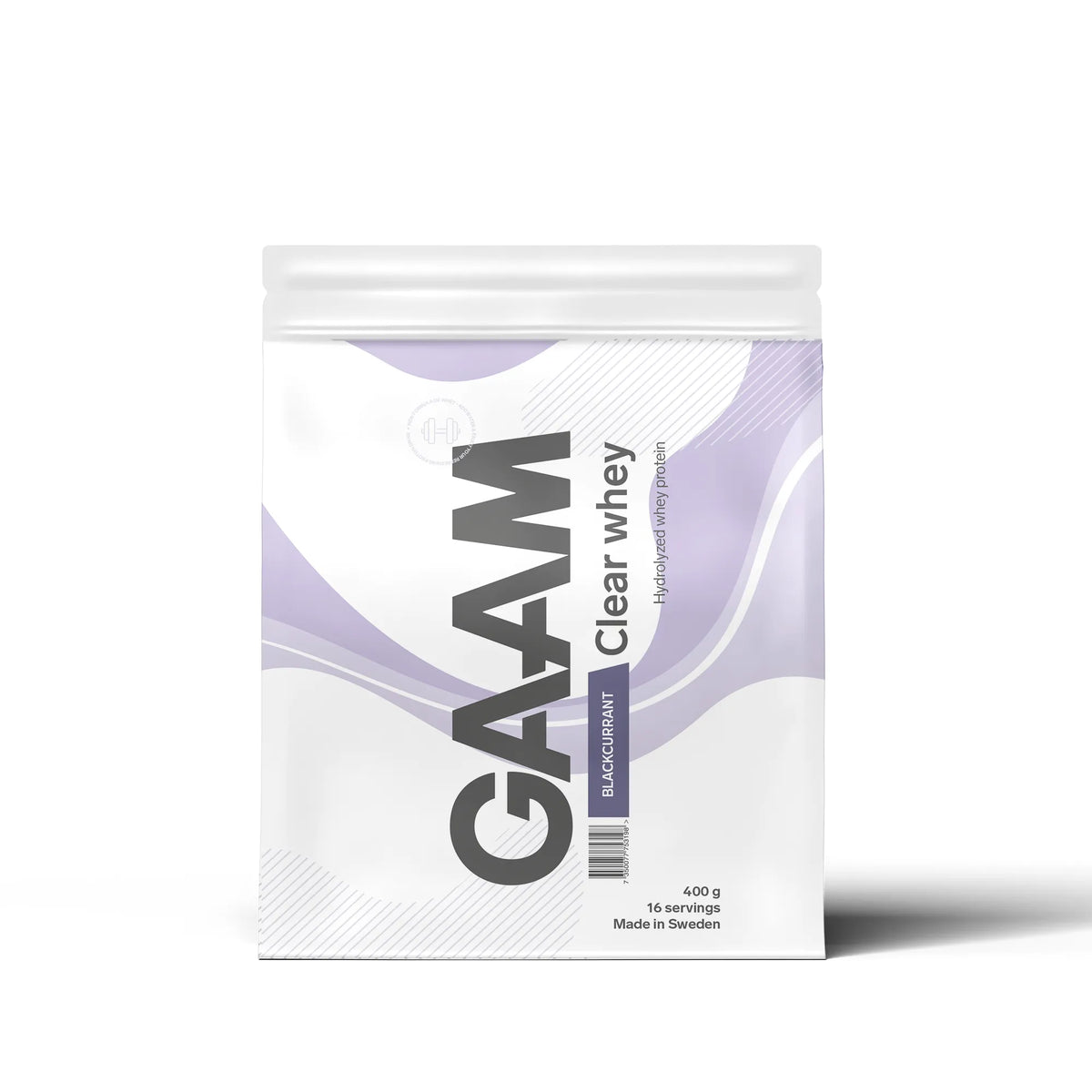 GAAM Clear Whey 400 g proteinpulver i en vit påse med lila detaljer för smaken Blackcurrant.