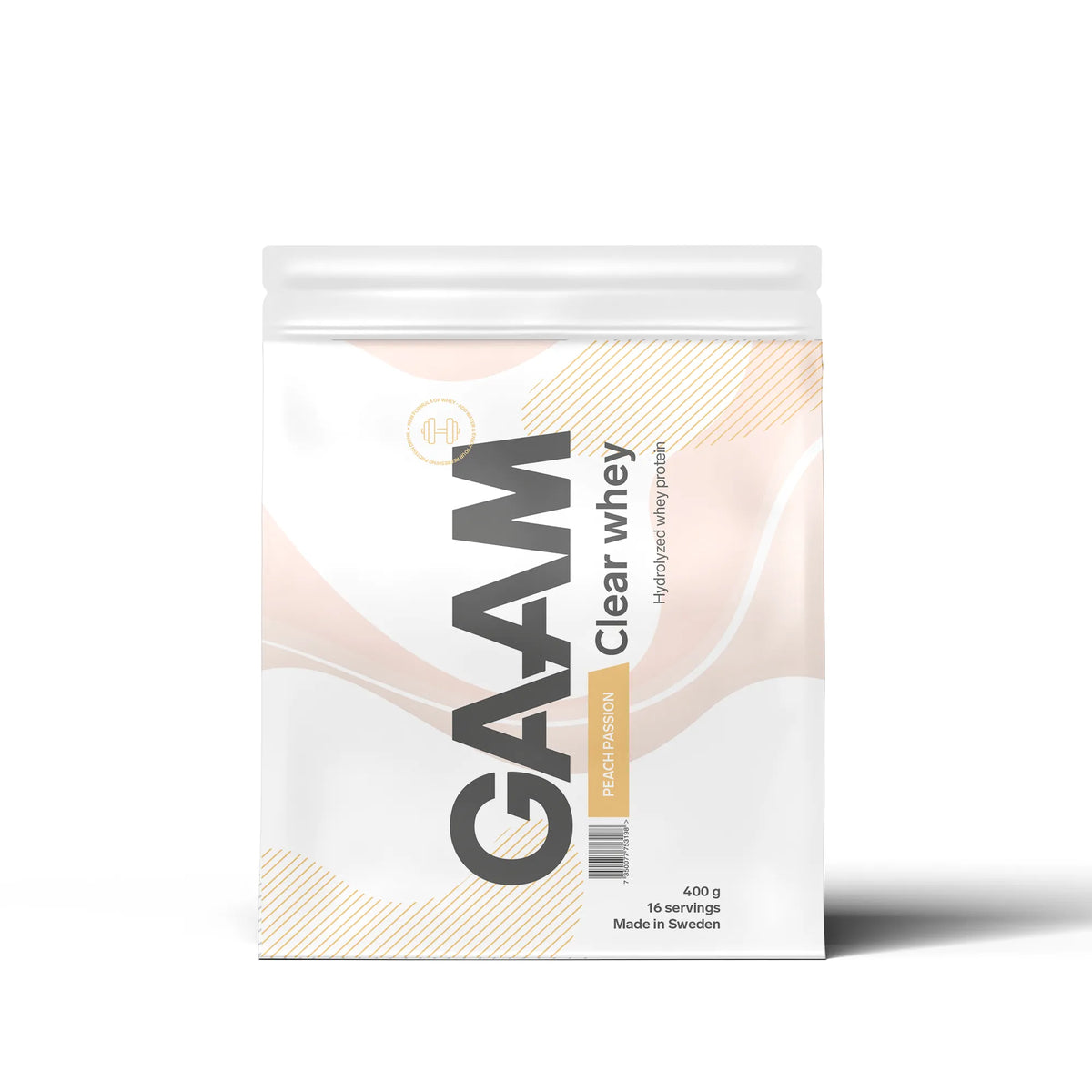 GAAM Clear Whey 400 g proteinpulver i en vit påse med persikofärgade mönster för smaken Peach Passion., bild 2 av 4