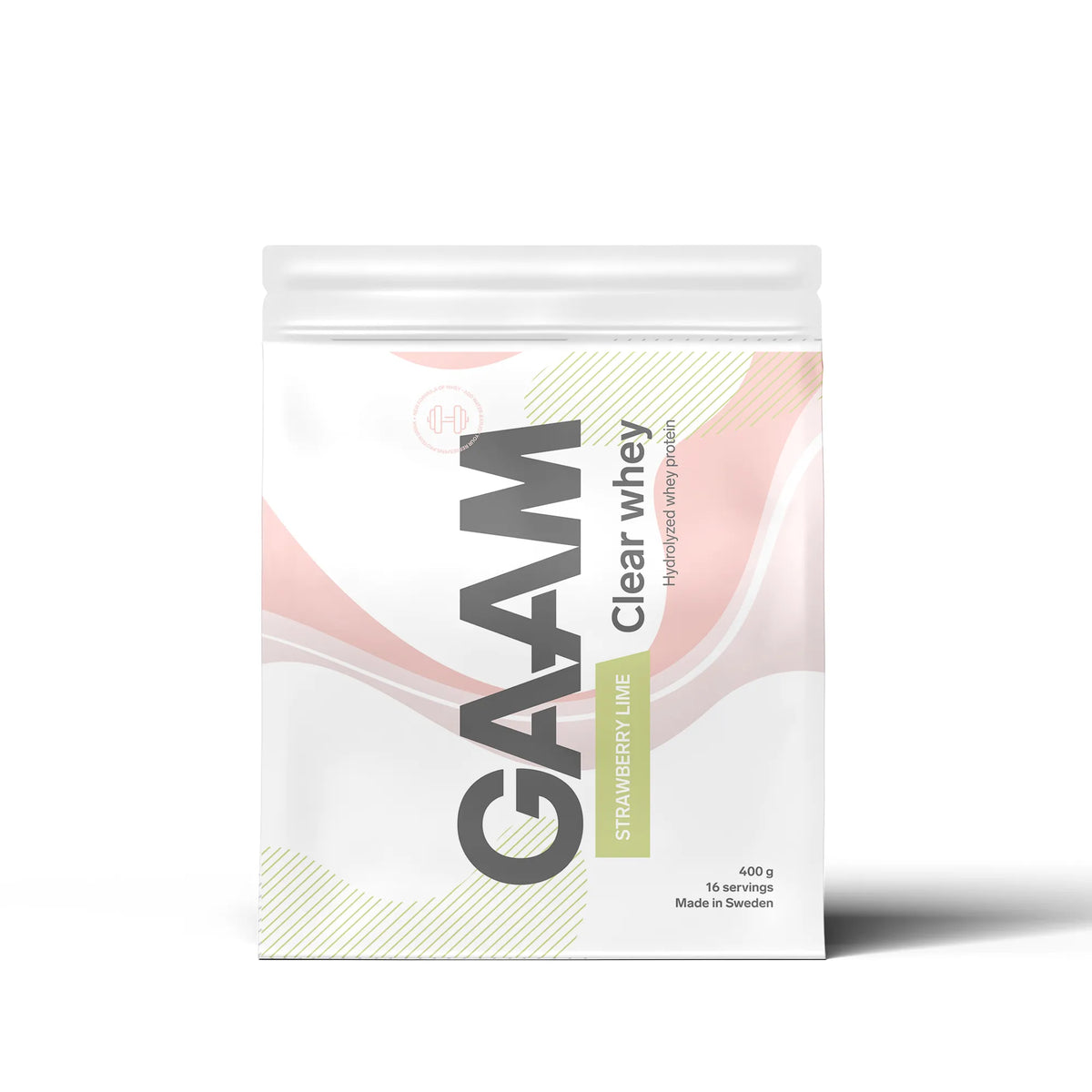 GAAM Clear Whey 400 g proteinpulver i en vit påse med rosa och gröna detaljer för smaken Strawberry Lime., bild 4 av 4